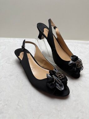 J. Renee Satin Slingback Heels Floral Beaded Peep Toe Shoes Event Evening Sz 11